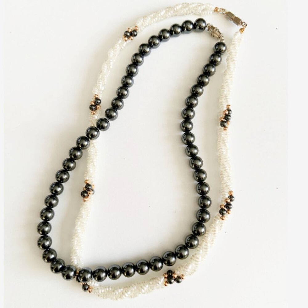 Vintage Matching Faux Pearl and Hematite Beaded and Black Pearl Necklace Set